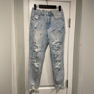 NWT Tinseltown Size 5 Pizza Embroidered Distressed Curvy Hi Rise Skinny Jeans